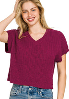 Zenana Textured Knit V-Neck Cropped Sweater in Cabernet