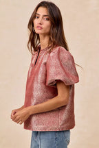 BiBi Jacquard Womens Blouse Red Woven Short Balloon Sleeves V Neck Top e3b9c9b656084d5cbd04d7530b560726-Max-Origin Trendsi