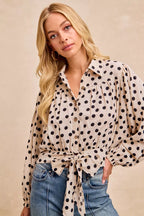 BiBi Womens Crop Shirt Polka Dot Print Tie Hem Detail Long Sleeve Top e3c479a99d3340c48d320ecbca07b15f-Max-Origin Trendsi