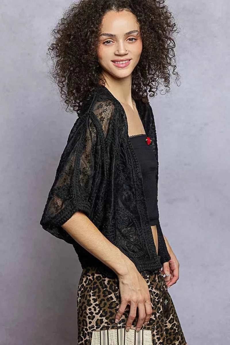 POL Open Front Crochet Cardigan with Floral Embroidery