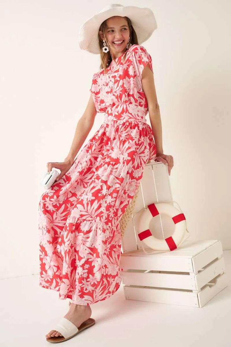 Mittoshop Top and Skirt Set Coral Tropical Print Ruffled Maxi Floral CORAL e3e07b24f3474141b7526bee54995572-Max-Origin Trendsi