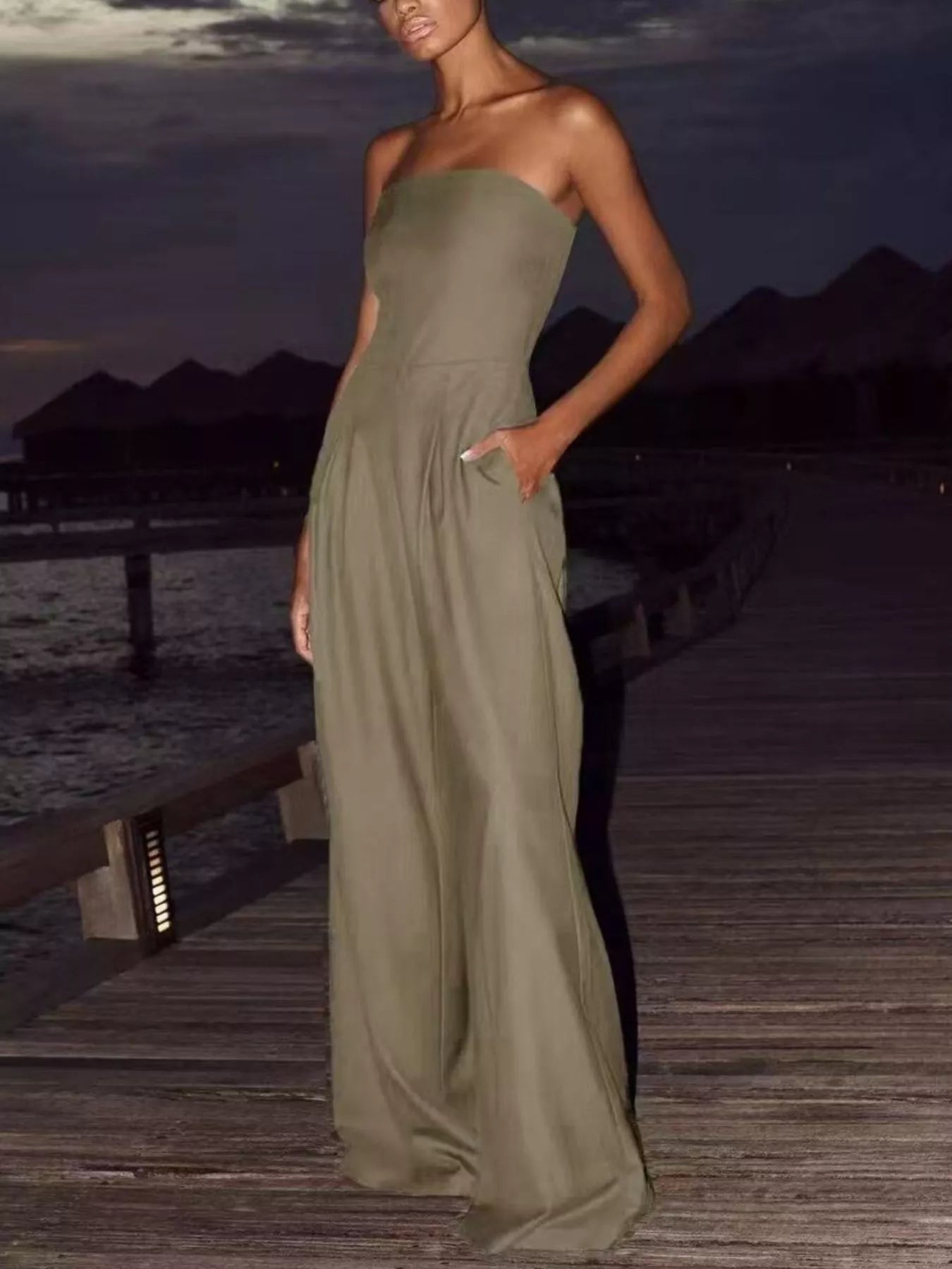 Strapless Wide-Leg Jumpsuit with Pockets in Polyester-Spandex Blend