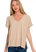 Zenana Slub Rolled Short Sleeve V-Neck Tee LT MOCHA e3feeb6fbea64aa396263abec27659b5-Max-Origin Trendsi