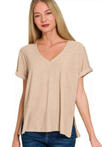 Zenana Slub Rolled Short Sleeve V-Neck Tee LT MOCHA e3feeb6fbea64aa396263abec27659b5-Max-Origin Trendsi