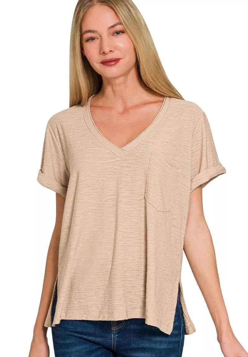 Zenana Slub Rolled Short Sleeve V-Neck Tee LT MOCHA e3feeb6fbea64aa396263abec27659b5-Max-Origin Trendsi