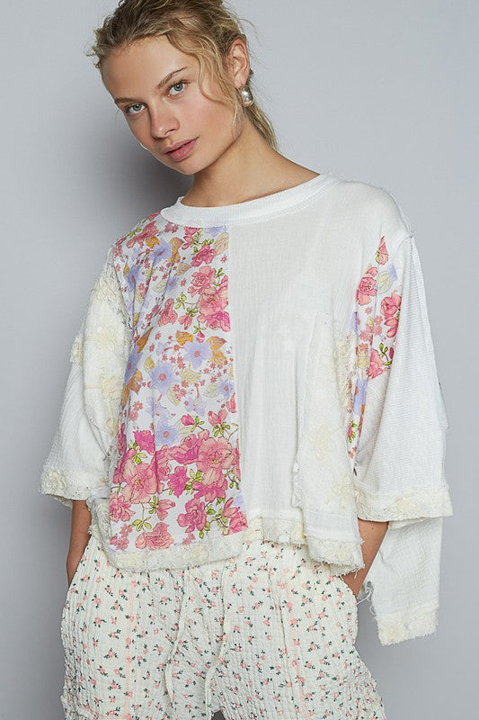 POL Blouse Off White Floral Lace Patch Round Neck Double Gauze Top e3ff1bcf-b425-4c9a-8de2-f4ac87f94523-Max Trendsi