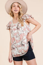 Lime 'N' Chili Blouse Pink Floral Print Lace Trim Puff Short Sleeve e4071cbe0ccc48a983624a11efb31fd6-Max-Origin Trendsi