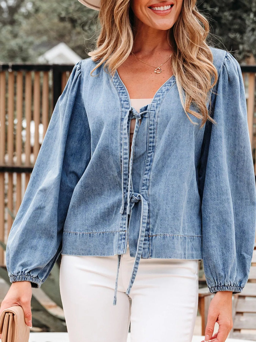 Women's Denim Top Tied Front Puff Long Sleeve Dusty Blue Blouse Dusty Blue e40f4844-29d8-454a-8faf-e80b37853bf7-Max-Origin Trendsi