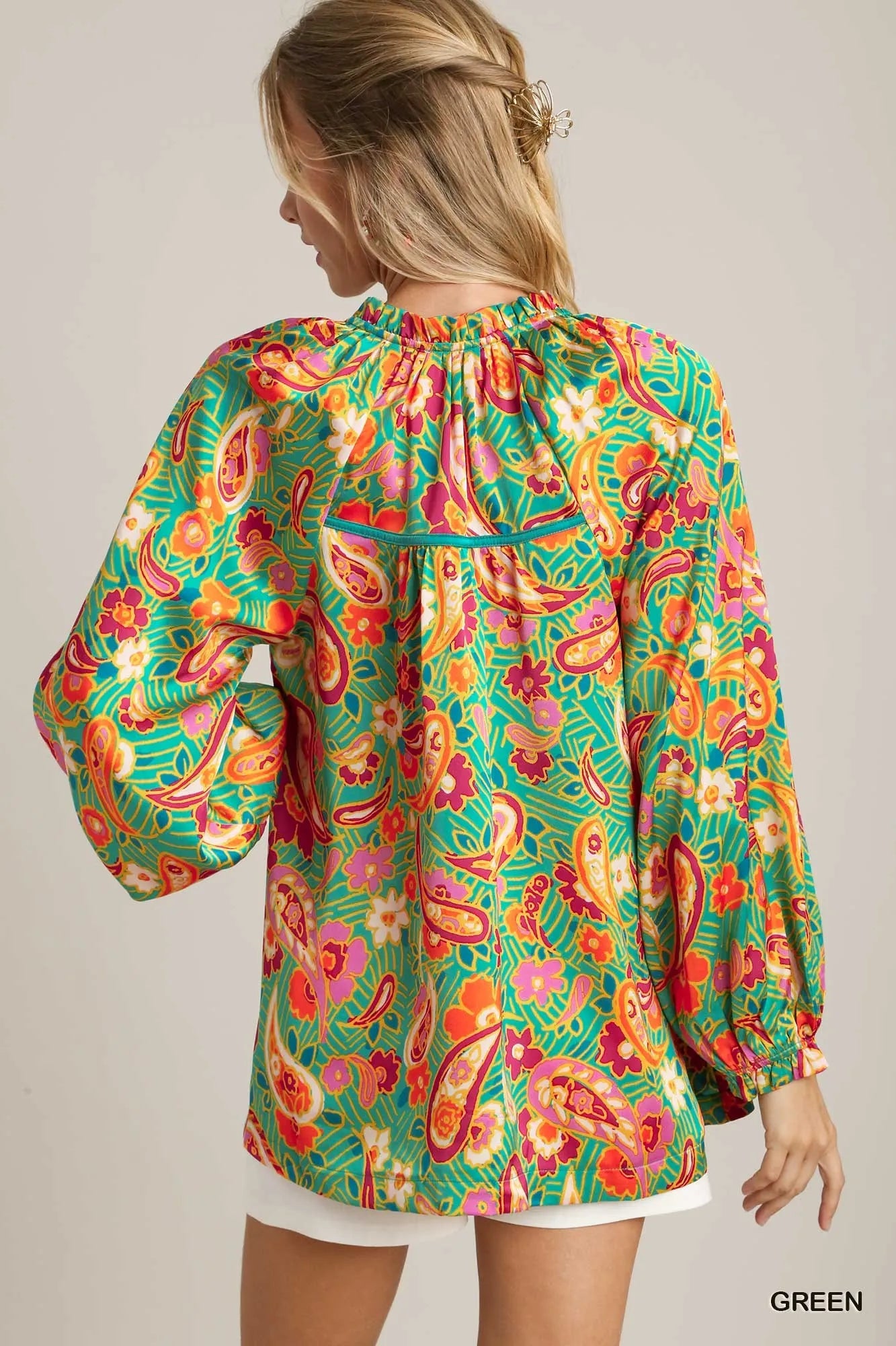 Umgee Satin Button-Up Shirt Green Paisley Ruffle Neck Long Sleeve Top e417c469-13dd-4246-84f4-3e0932d39b24-Max-Origin Trendsi