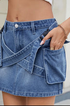 Denim Mini Skirt Criss-Cross Waist Detail with Crago Pockets Blue Black e41b5ca7-732c-4c83-ba23-703ddc6623ba-Max-Origin Trendsi