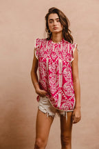 BiBi Women's Blouse Pink Floral Printed Ruffle Short Sleeve Top e42bd11633674305a22a617b0adf8cea-Max-Origin Trendsi