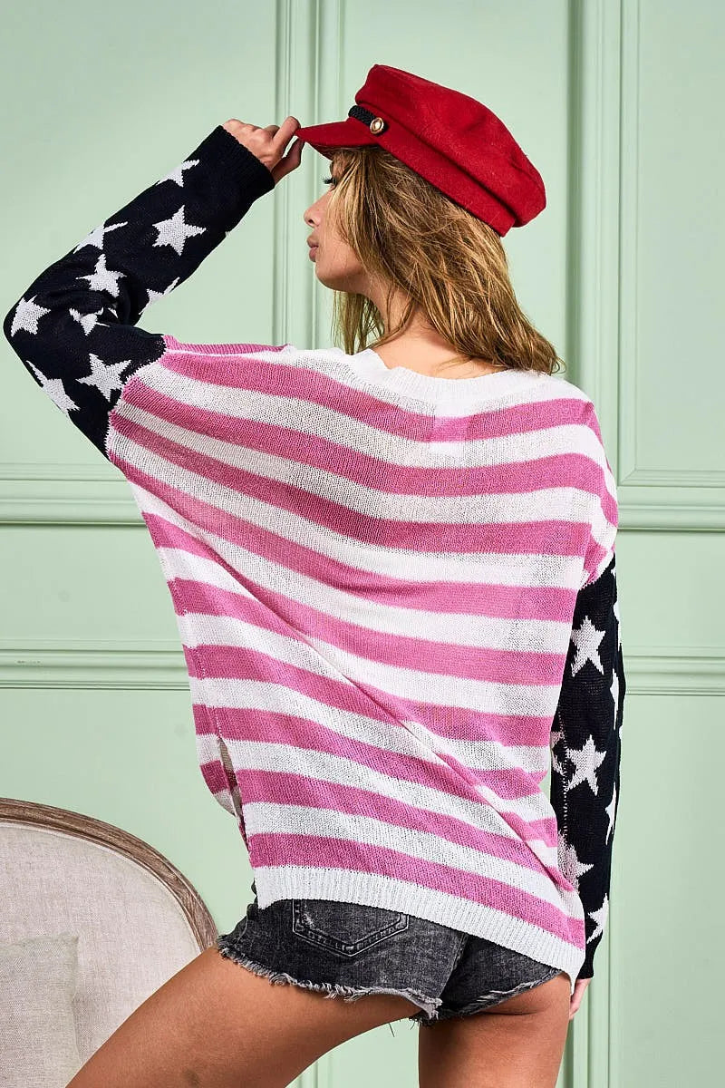 BiBi Knit Top American Flag Low Gauge Raw Hem Long Sleeve Black Mauve e43962f01760409d91fb5e2e5e12b19c-Max-Origin Trendsi