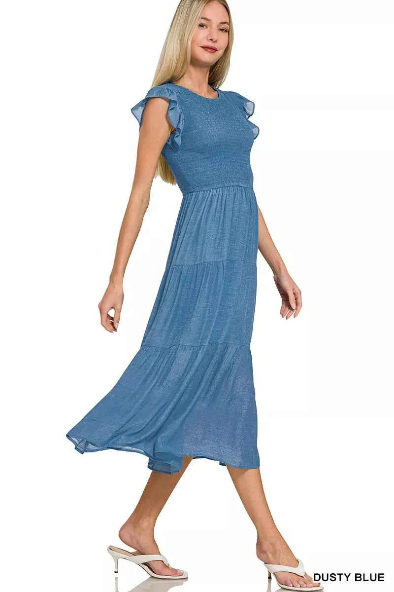 Zenana Midi Dress Woven Smocked Dusty Blue Ruffle Short Sleeve e448895c-7f3c-4242-aa3b-f63bd9aea9ee-Max-Origin Trendsi