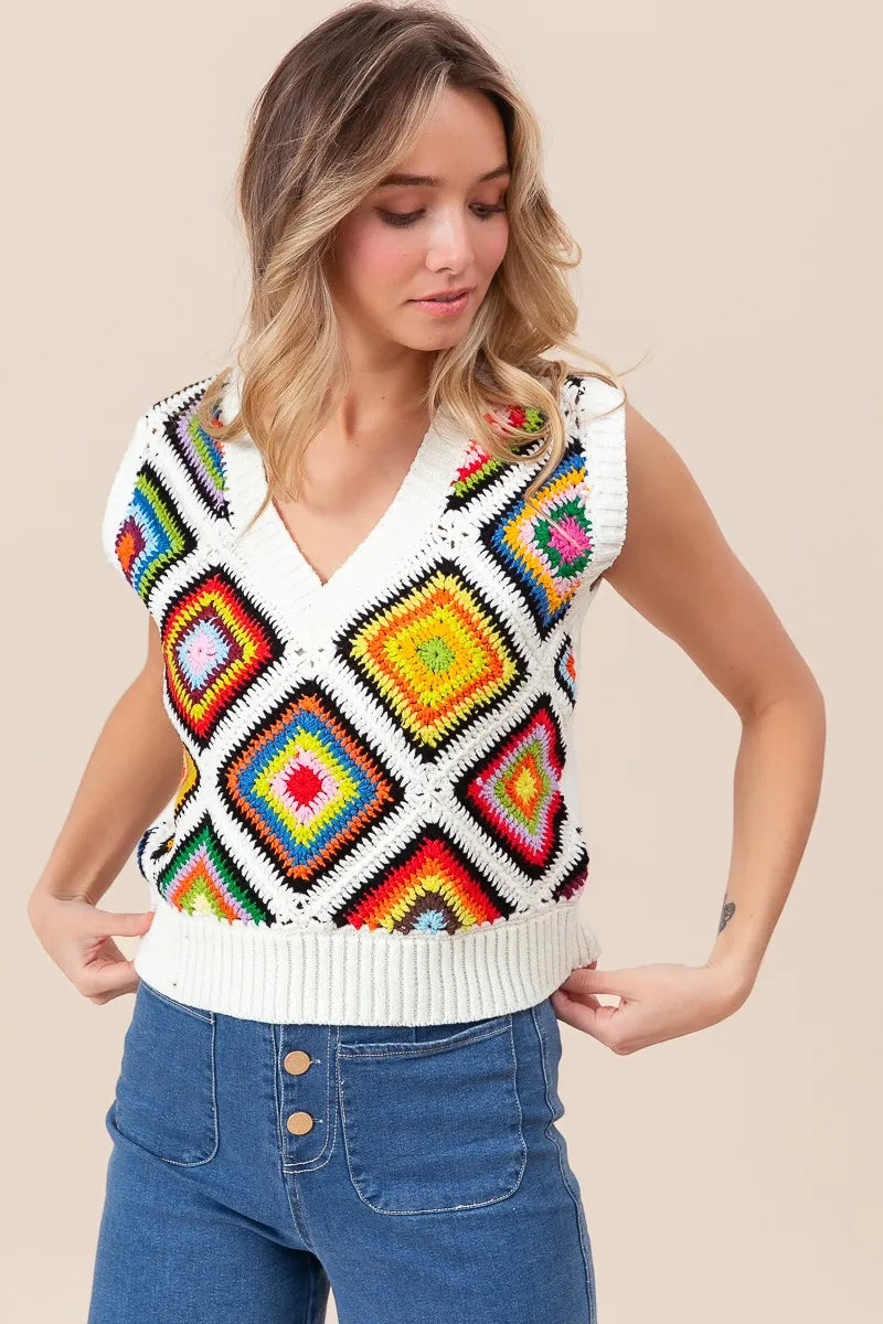 BiBi Sweater Vest Ivory Diamond Granny Multicolor Square Ribbed Knit Top e4626fbb9a7c4c3abeaea3a54b779554-Max-Origin Trendsi