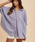Women's Button-Up Shirt Striped Dusty Blue Cotton Annie Wear Half Sleeve Top Dusty Blue e463f0b2-f56b-489f-99ad-8d7bcaf1b652-Max Trendsi