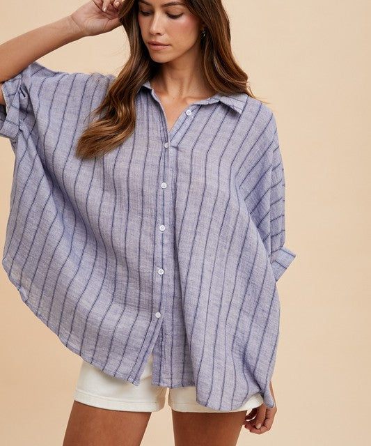 Women's Button-Up Shirt Striped Dusty Blue Cotton Annie Wear Half Sleeve Top Dusty Blue