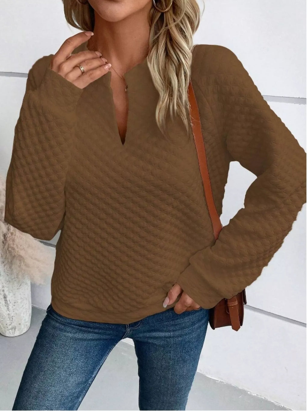 Women's Sweatshirt Textured Notched Raglan Long Sleeve Top e464e26d58744b8fb8eaa869119fd06b-Max-Origin Trendsi