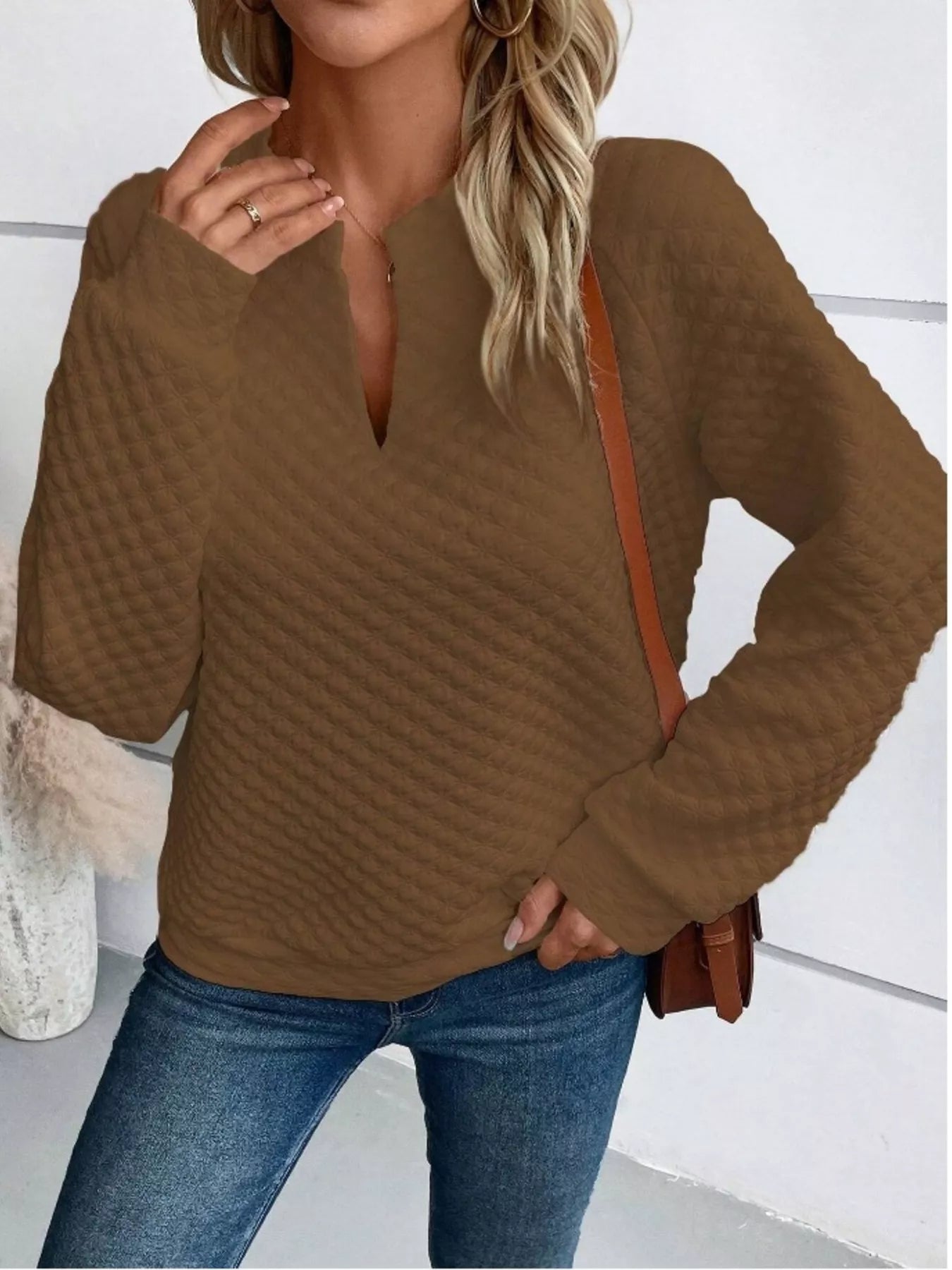 Women's Sweatshirt Textured Notched Raglan Long Sleeve Top e464e26d58744b8fb8eaa869119fd06b-Max-Origin Trendsi