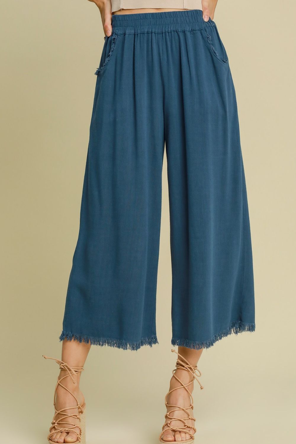 Umgee Linen Blend Cropped Pants Blue Elastic Waistband Wide Leg Raw Hem Peacock Blue e467b8e5-8b0c-4bb1-9a1c-1a1a3fa0d0d2-Max Trendsi