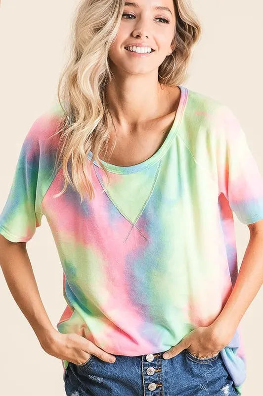 BiBi Women T-shirt Tie Dye Pastel Multi Color French Terry Print Top e46aaf424eb0490793e7cd105334fe95-Max-Origin Trendsi