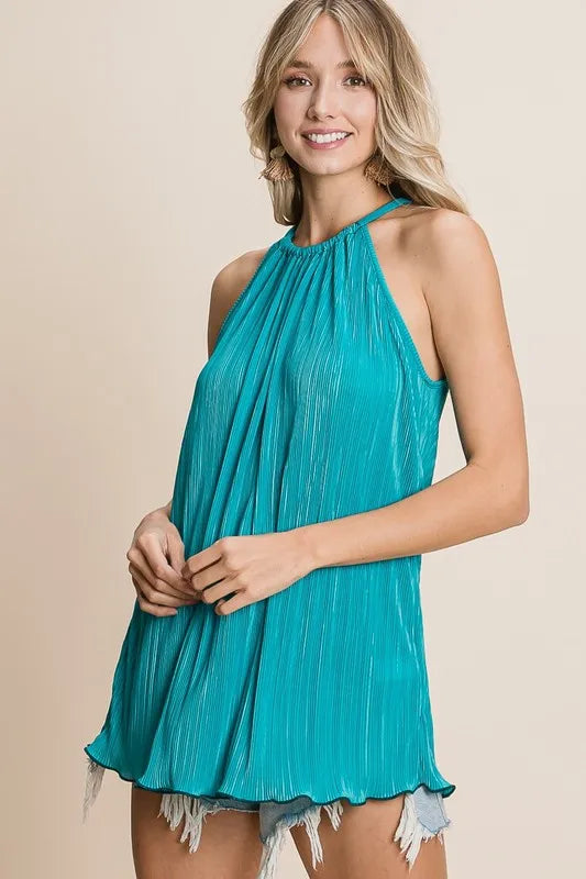 BiBi Halter Top Teal Pleating Knit Ruched Tied Blouse e46caee9433a420d95295d6966c64b02-Max-Origin Trendsi