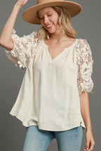 Umgee Linen Top French Terry Boxy Cut Top with 3D Floral Short Sleeve OATMEAL e48267bb-ab34-4233-a307-80947b0f7697-Max Trendsi