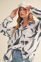 Aemi + Co Cotton Shirt High-Low White Printed Button Up Long Sleeve Top e482f5a6-f3a7-4665-97e1-fbb653a102d2-Max Trendsi