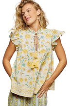 POL Tassel-Tied Floral Flutter Sleeve Blouse