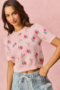 SO ME Womens Sweater Top Blush Pink Floral Pattern Knit Puff Short Sleeves BLUSH PINK e493798e2cdd4a8cbcd0e9ca25c62226-Max-Origin Trendsi