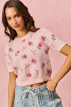 SO ME Womens Sweater Top Blush Pink Floral Pattern Knit Puff Short Sleeves BLUSH PINK e493798e2cdd4a8cbcd0e9ca25c62226-Max-Origin Trendsi