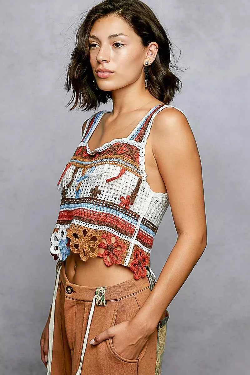 POL Crochet Cami Cutout Flower Cropped Top with with Dangle Detail Orange Multi e494b502-4aff-43d2-8d3a-d056744e906d-Max-Origin Trendsi