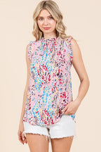 Lime 'N' Chili Top Floral Pink Graphic Print Ruffle Trim Mock Neck Sleeveless PINK e495c8657cee49a1b6a8232d9a3bbdf0-Max-Origin Trendsi