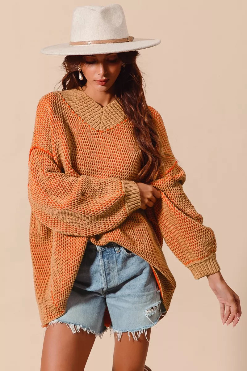 SO ME Womens Sweater Oversized V Neck Camel Orange Two Tone Textured e49b6f520fce45d480236cd44e052f55-Max-Origin Trendsi