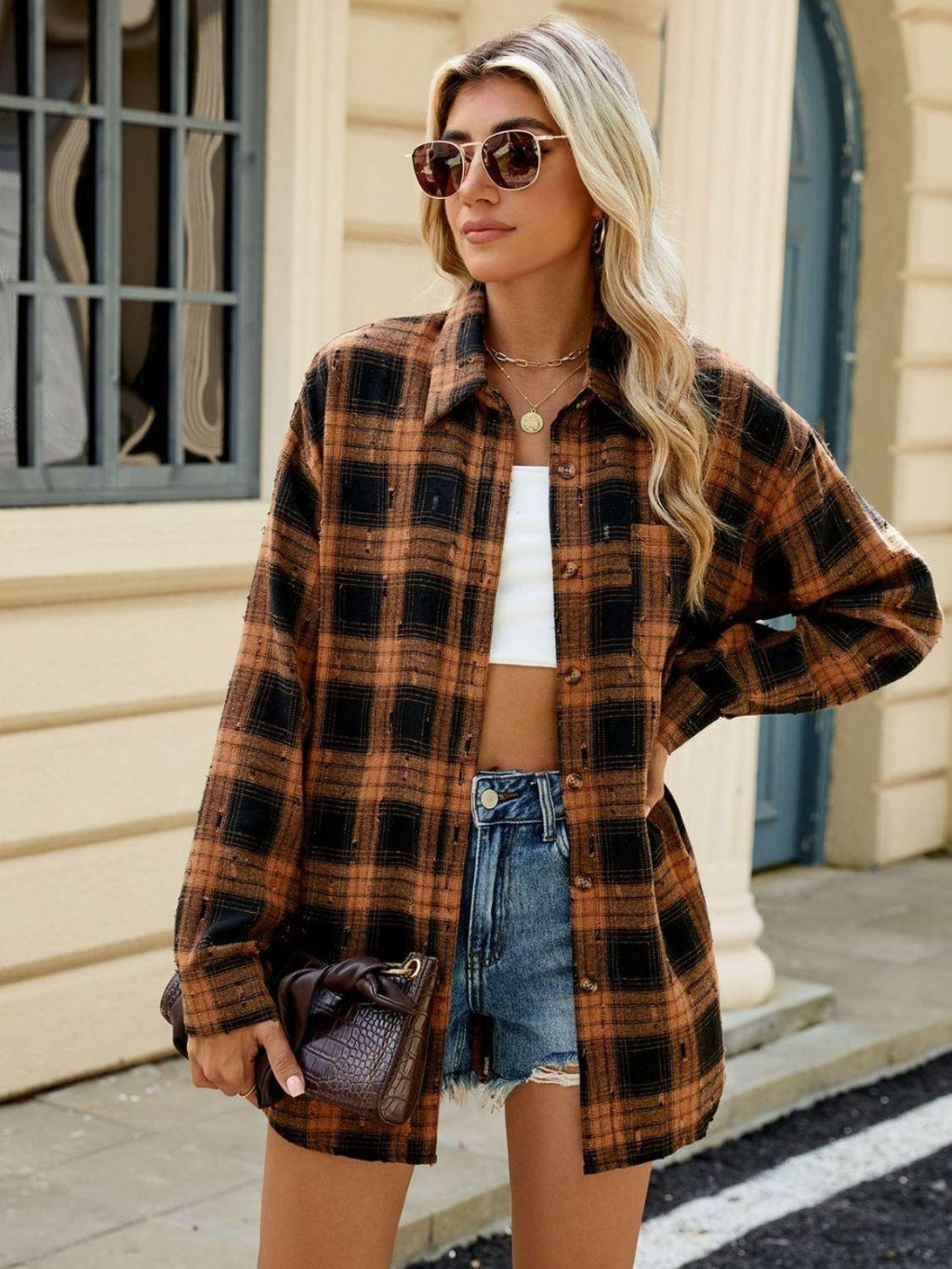 Plaid Shirt Button Up Long Sleeve Blouse e49e36e8-efa6-4db5-bfa6-f204fb1e2732-Max Trendsi