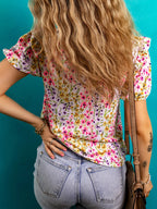Floral Women's Blouse Puff Short Sleeve Crewneck Casual Ruffle Top e49f5519a805412fb4207027bb9fcc47-Max-Origin Trendsi