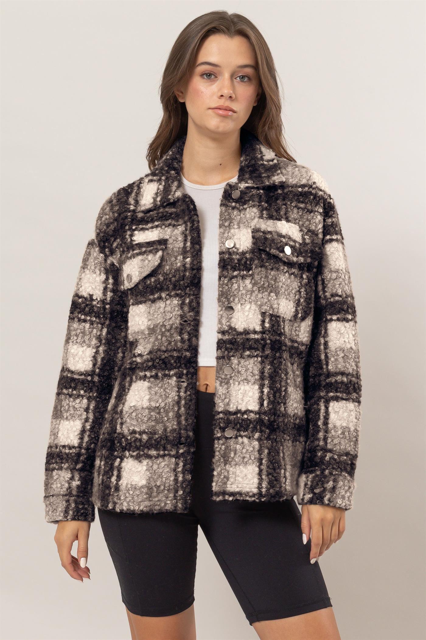 HYFVE Plaid Black Jacket Women Button Up Curly Fur Pocketed Coat Black e4a23f2a-8d99-49c2-b251-d7c6002952dc-Max Trendsi