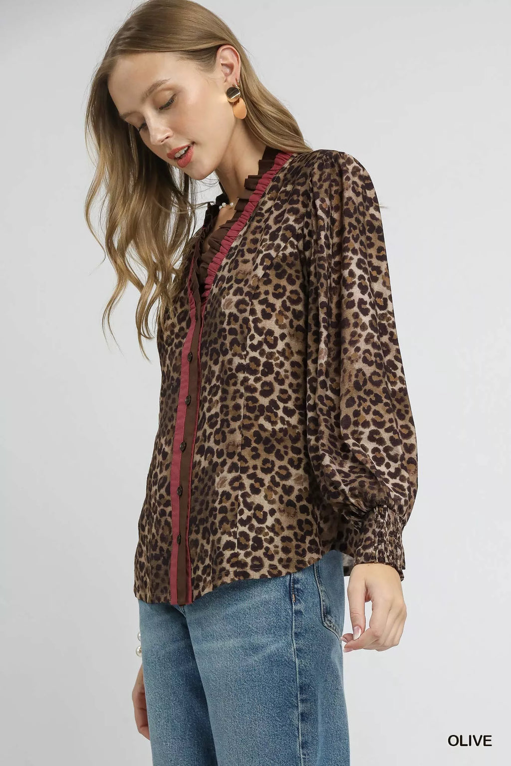 Umgee Women's Shirt Leopard Print Ruffle Trim Buttoned Long Sleeve Top e4a992e9-394d-4365-a26e-69105c56b975-Max-Origin Trendsi