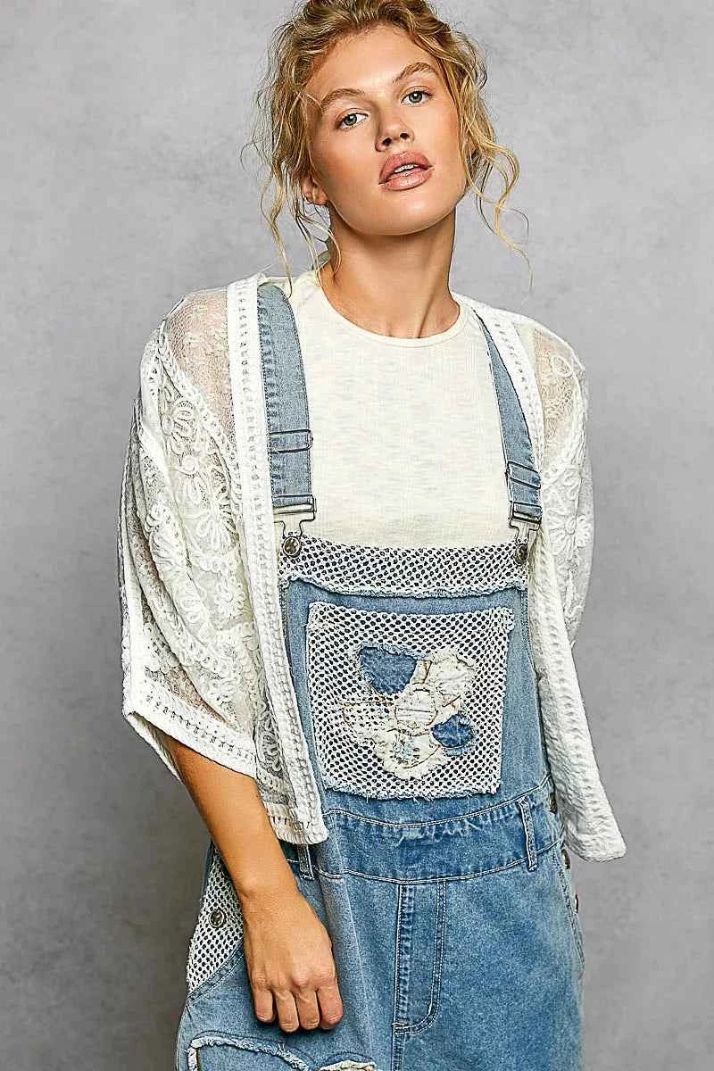 POL Open Front Crochet Cardigan with Floral Embroidery