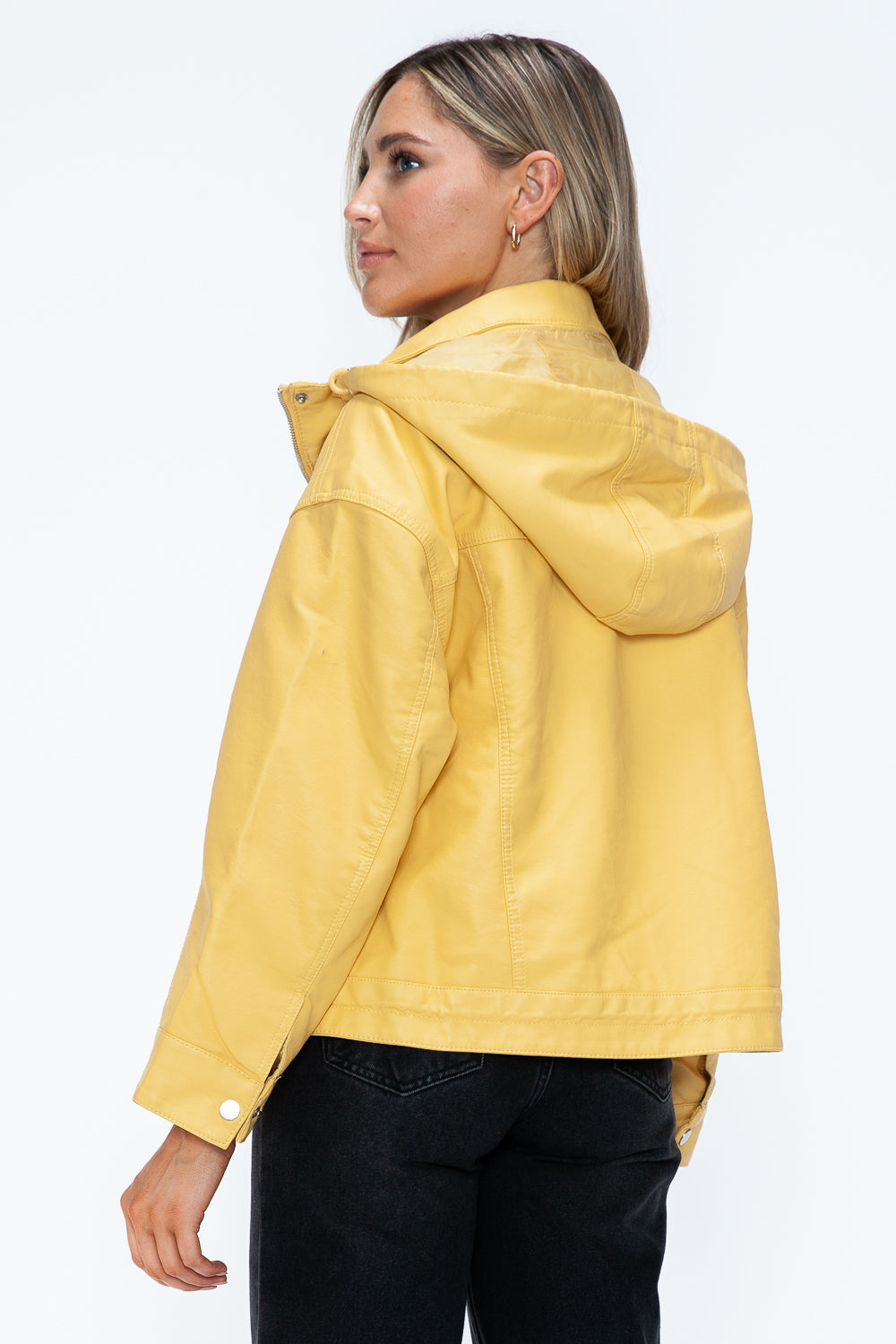 How Dare U Women PU Leather Jacket Drawstring Hem Zip Up Jacket Yellow