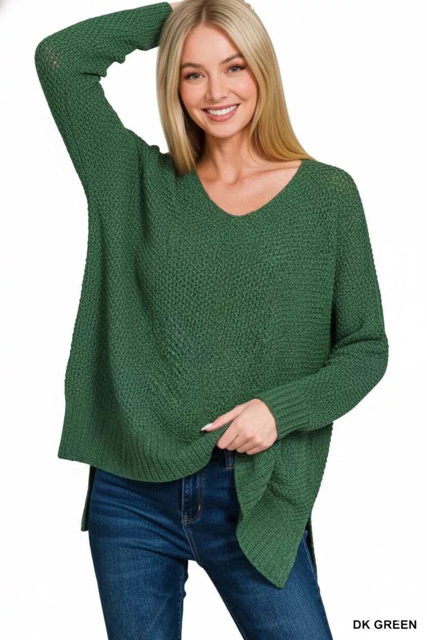 Zenana Sweater Dark Green Dolman Sleeve V-Neck Knit Pullover e4b09955-186b-4a12-9818-82092cb90be6-Max-Origin Trendsi