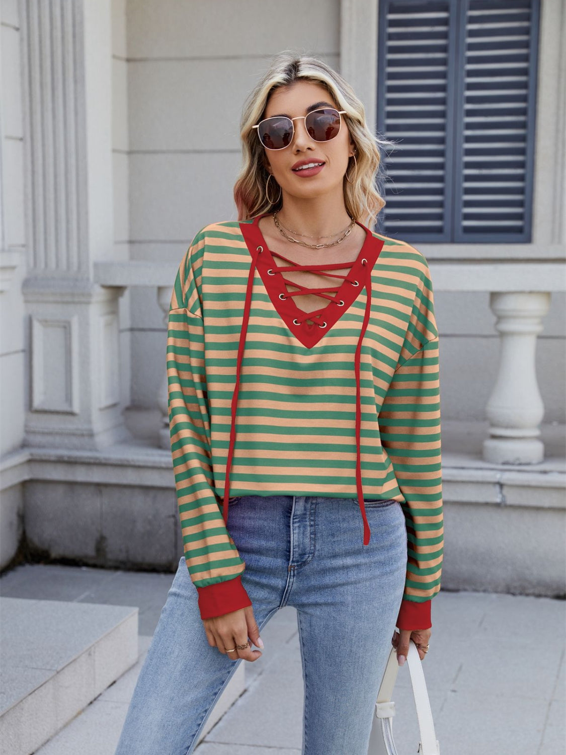 Striped T-Shirt Lace-Up Crisscross V Neck Long Sleeve Blouse Top e4b6e0b1-ba9b-4f23-aba2-89116beeee93-Max Trendsi