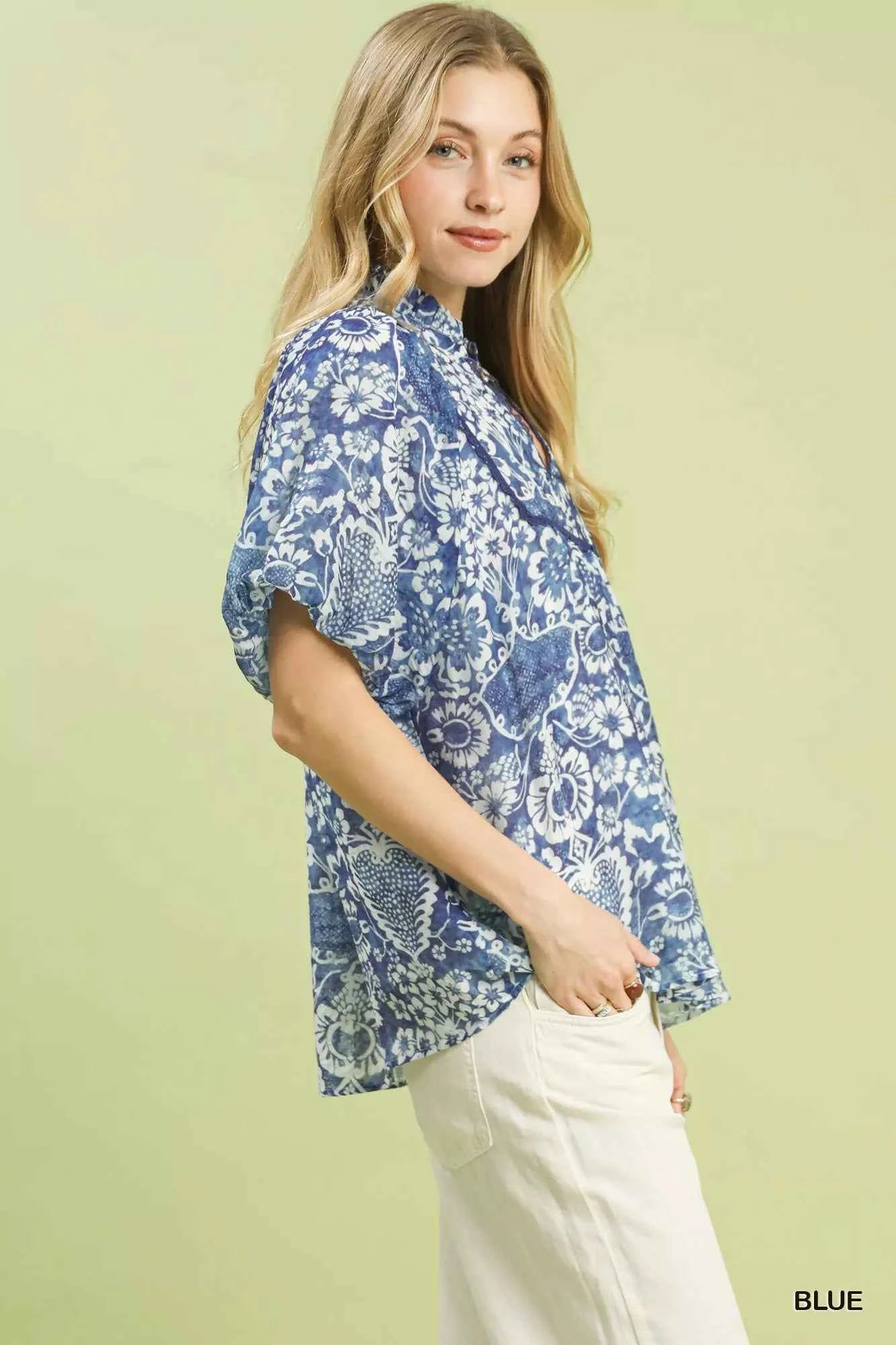 Umgee Blouse Blue Abstract Print Ruffled Puff Short Sleeve Top e4b7e8fa-b500-45fd-8230-e3f27fd17b96-Max-Origin Trendsi