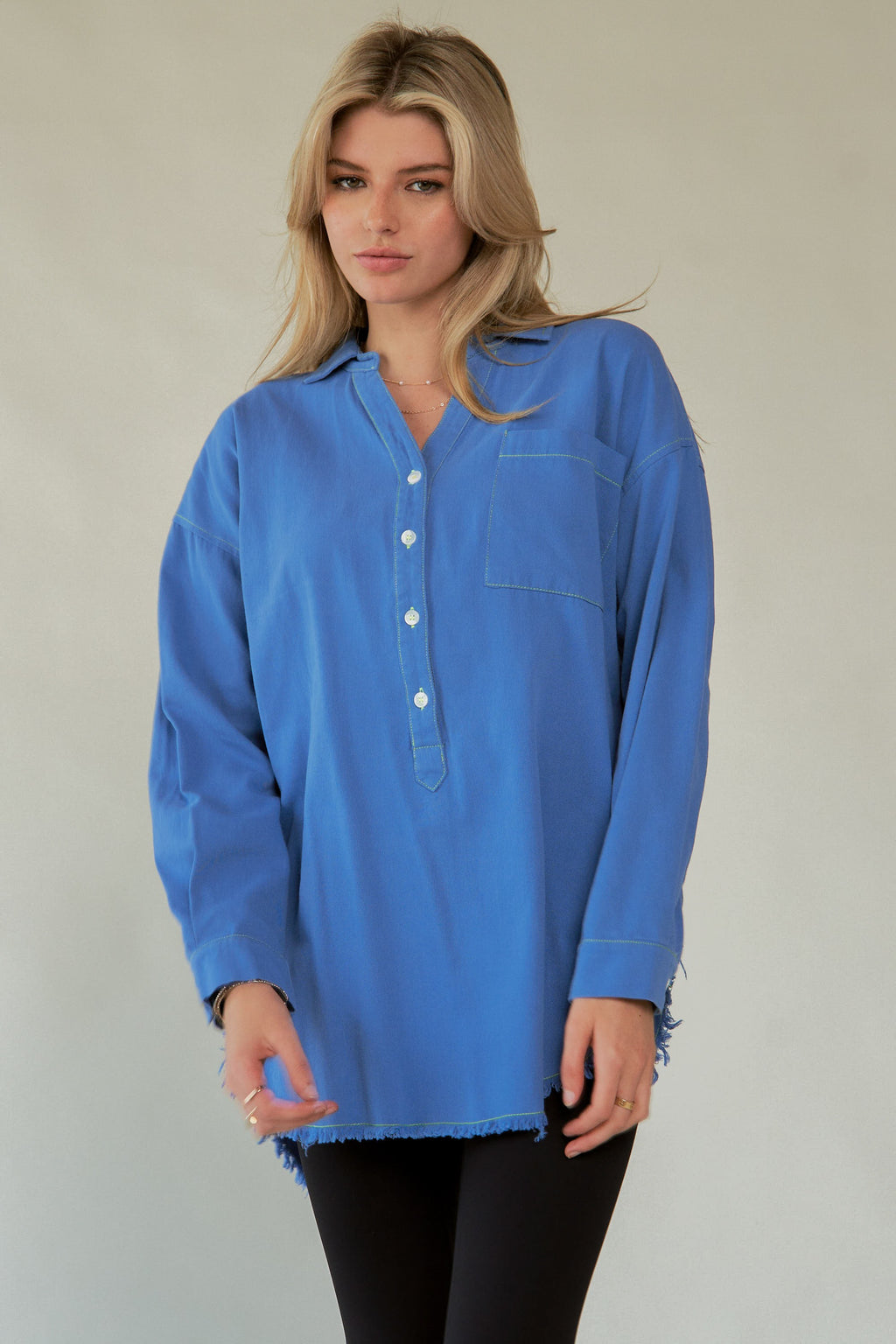 Davi & Dani USA Blue Shirt AMOR Letter Cotton Back Raw Hem Half Button e4c988ef-d381-45eb-a5b1-83ffe0510bcc-Max Trendsi