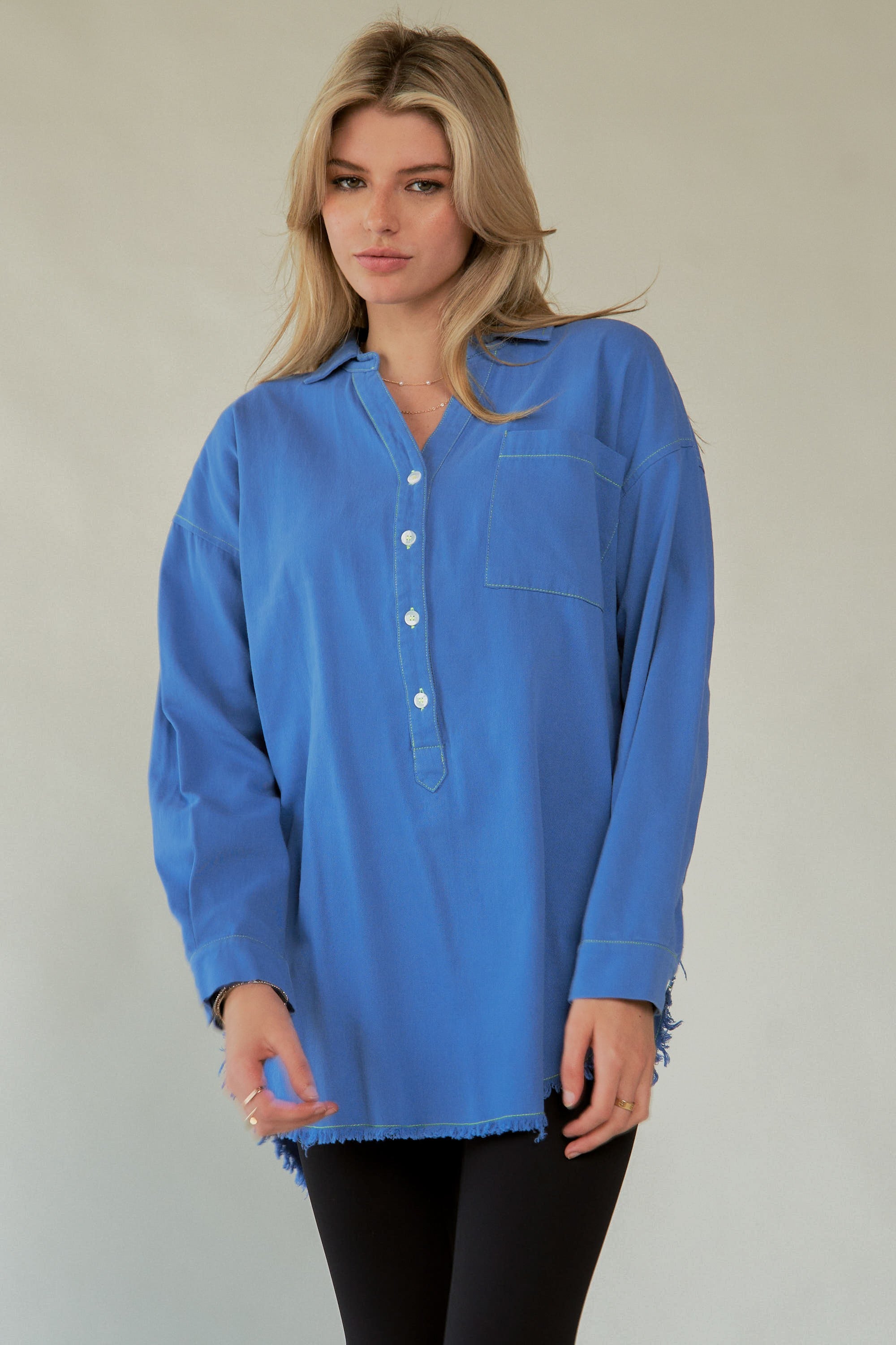Davi & Dani USA Blue Shirt AMOR Letter Cotton Back Raw Hem Half Button e4c988ef-d381-45eb-a5b1-83ffe0510bcc-Max Trendsi
