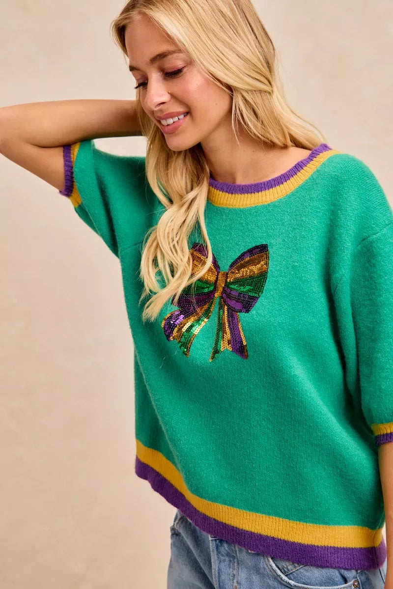 BiBi Sweater Green Mardi Gras Sequin Ribbon Patched Short Sleeve e4ca2fc2076244cfbe20cd02610df443-Max-Origin Trendsi