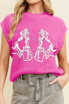Women's Sweater Fuchsia Pink Western Horse Embroidered Round Neck Sleeveless Top Fuchsia Pink e4cb3da6-a343-46b4-8b5b-50390cc305ea-Max Trendsi
