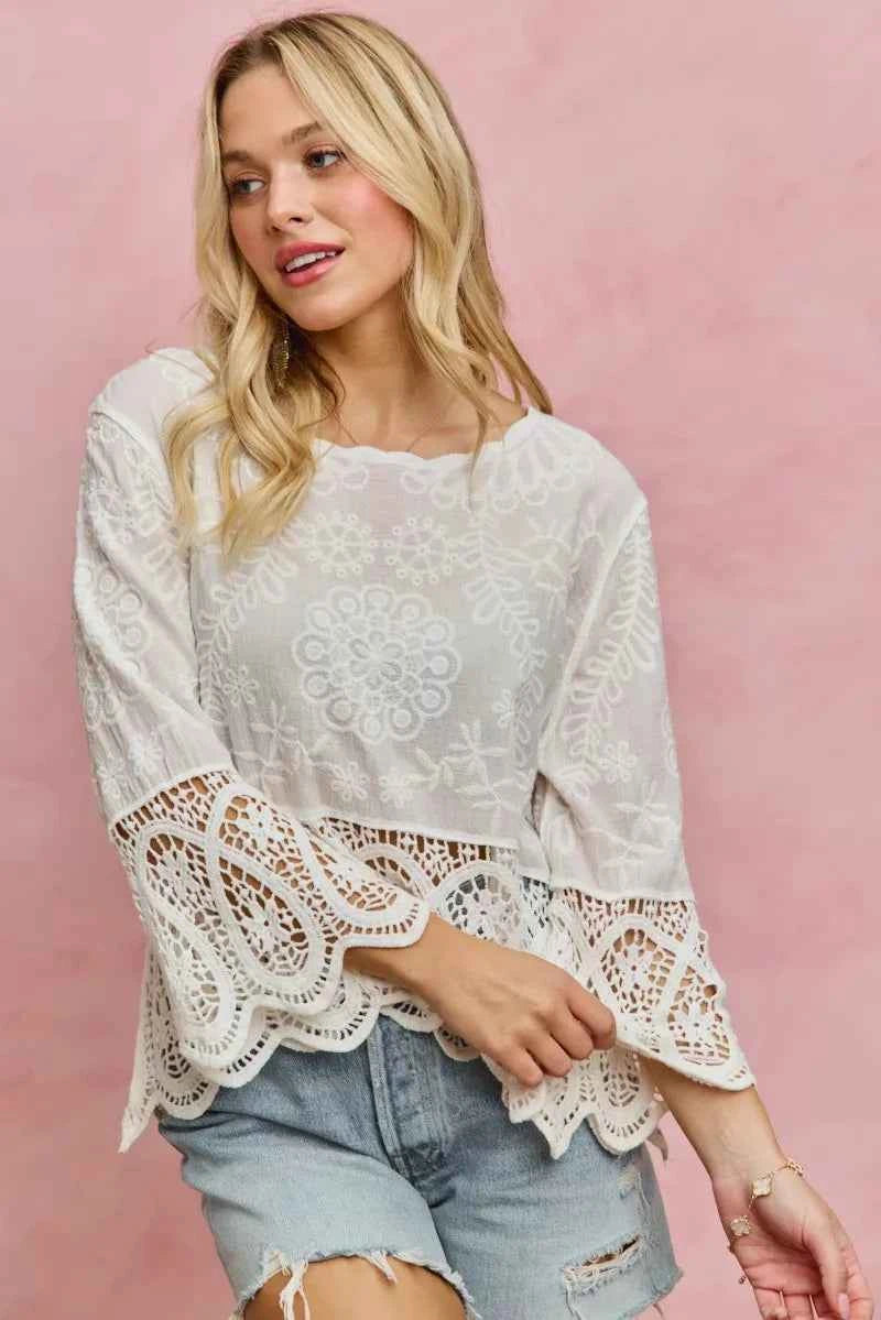 SO ME Floral Embroidered Crochet Lace Trimmed Top