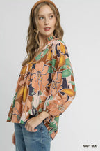 Umgee Women's Blouse Floral Navy Mix Multicolor Abstract Print Ruffle Neck Top e4da6635-10d0-4462-b10d-d8a2947b4f0a-Max-Origin Trendsi
