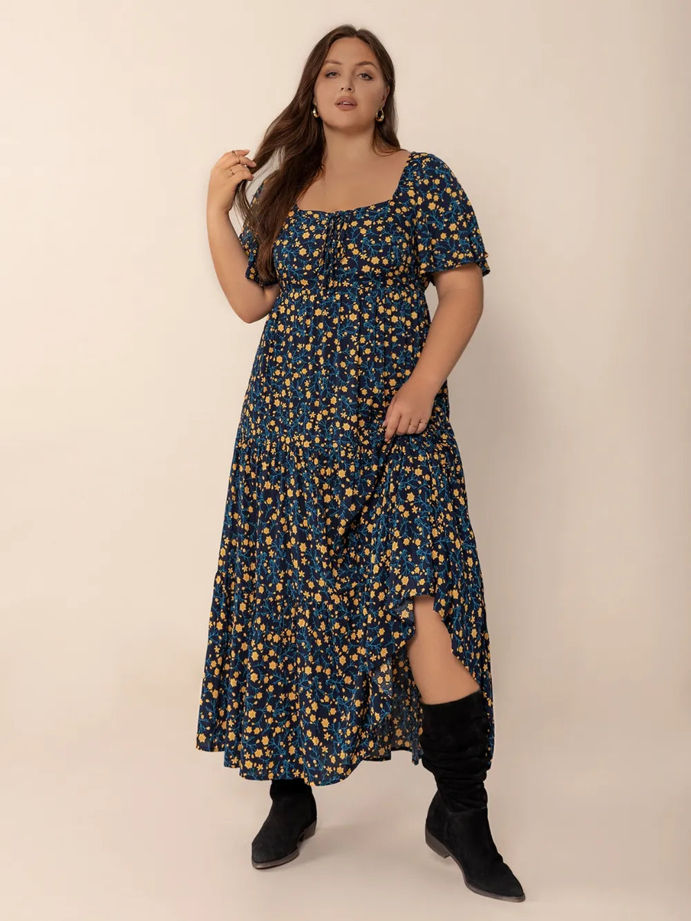 Plus Size Printed Short Sleeve Maxi Dress with Slit and Tiered Design