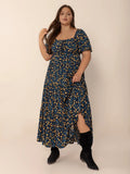 Plus Size Printed Short Sleeve Maxi Dress with Slit and Tiered Design